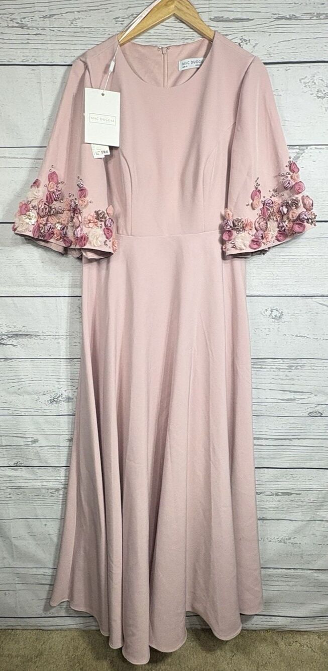 Mac Duggal 11854 Pink Crepe 3/4 Sleeve A-line Gown With Flower Trim Sz 12 NWT - Picture 1 of 14